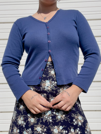 90s Navy Blue Button Up Long Sleeve Tee (M)