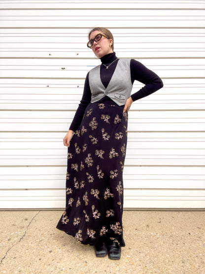 90s Black & Brown Rose Print Maxi Skirt (XXL)