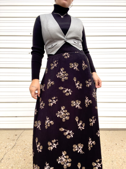 90s Black & Brown Rose Print Maxi Skirt (XXL)