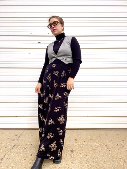 90s Black & Brown Rose Print Maxi Skirt (XXL)