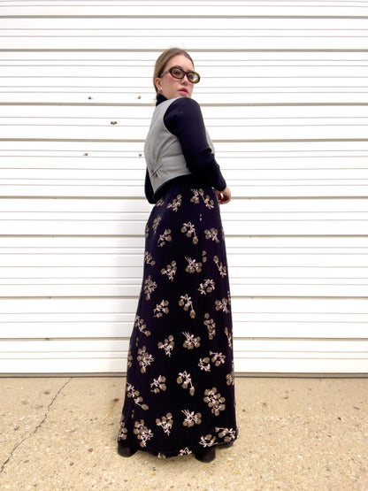 90s Black & Brown Rose Print Maxi Skirt (XXL)