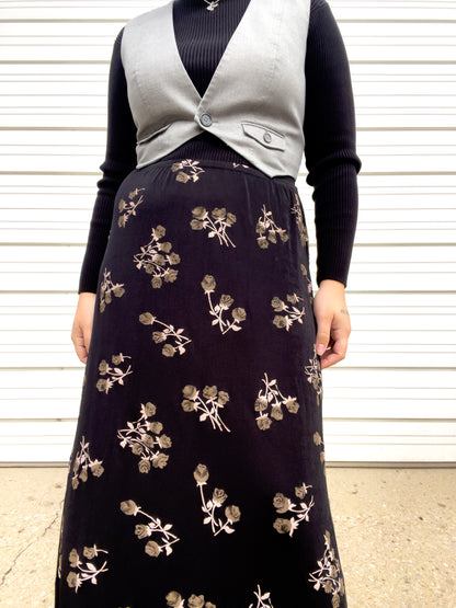 90s Black & Brown Rose Print Maxi Skirt (XXL)