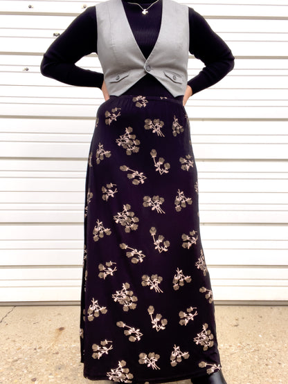 90s Black & Brown Rose Print Maxi Skirt (XXL)