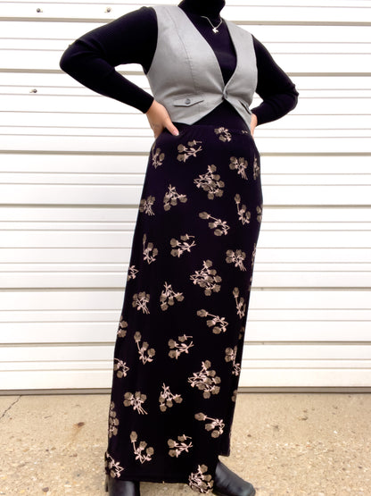 90s Black & Brown Rose Print Maxi Skirt (XXL)