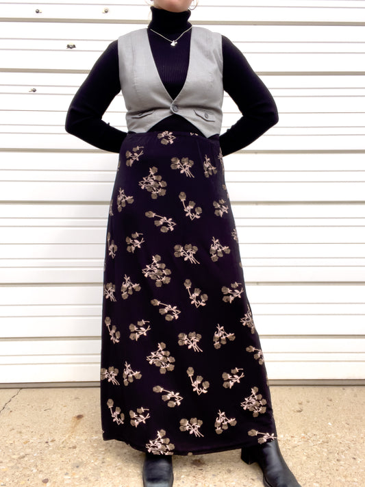 90s Black & Brown Rose Print Maxi Skirt (XXL)
