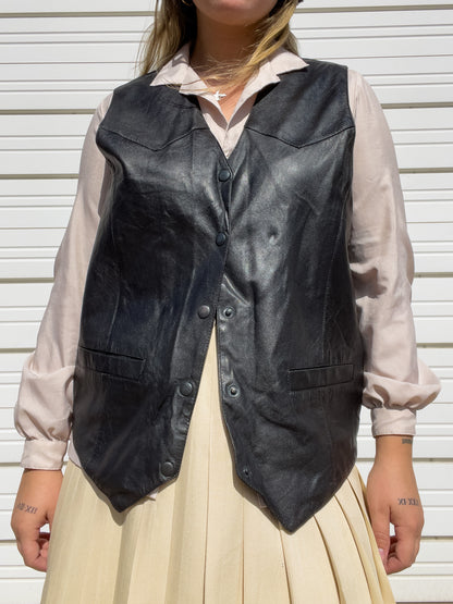 80s Black Genuine Leather Vest (L)