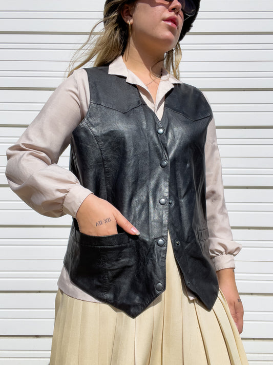 80s Black Genuine Leather Vest (L)