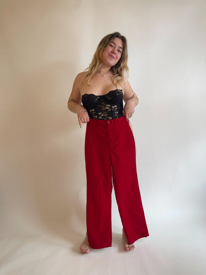 W26" 70s Cherry Red Velvet Wide Leg Pants