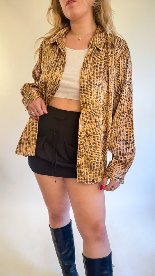 90s Gold Silky Snakeskin Print Button Up (L/XL)
