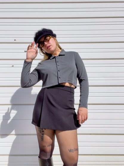 90s Black Mini Wrap Skort w/ Daisy Buckle (S/M)