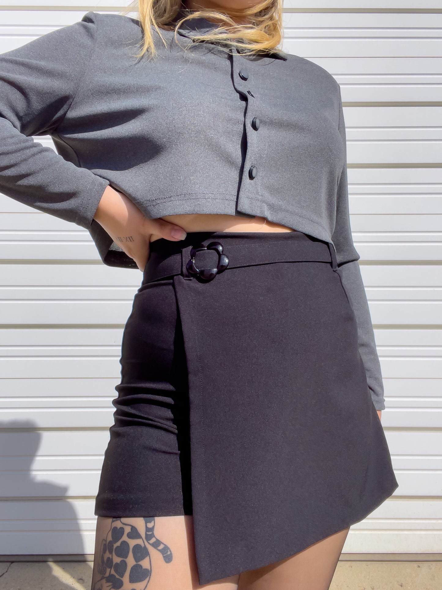 90s Black Mini Wrap Skort w/ Daisy Buckle (S/M)