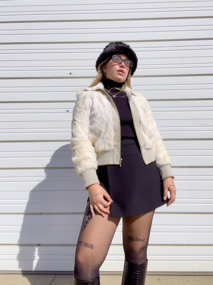 90s White Genuine Suede & Fur Cropped Bomber Jacket (S)