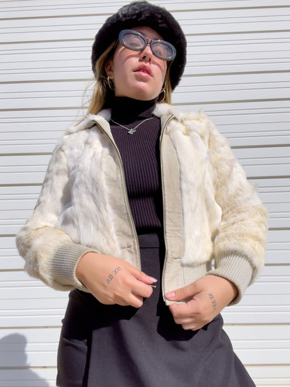 90s White Genuine Suede & Fur Cropped Bomber Jacket (S)