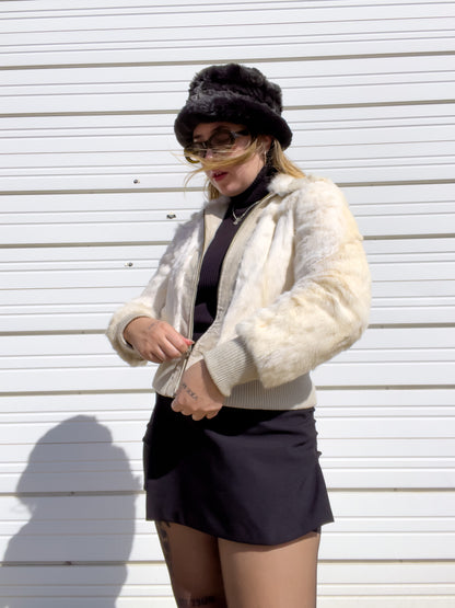 90s White Genuine Suede & Fur Cropped Bomber Jacket (S)