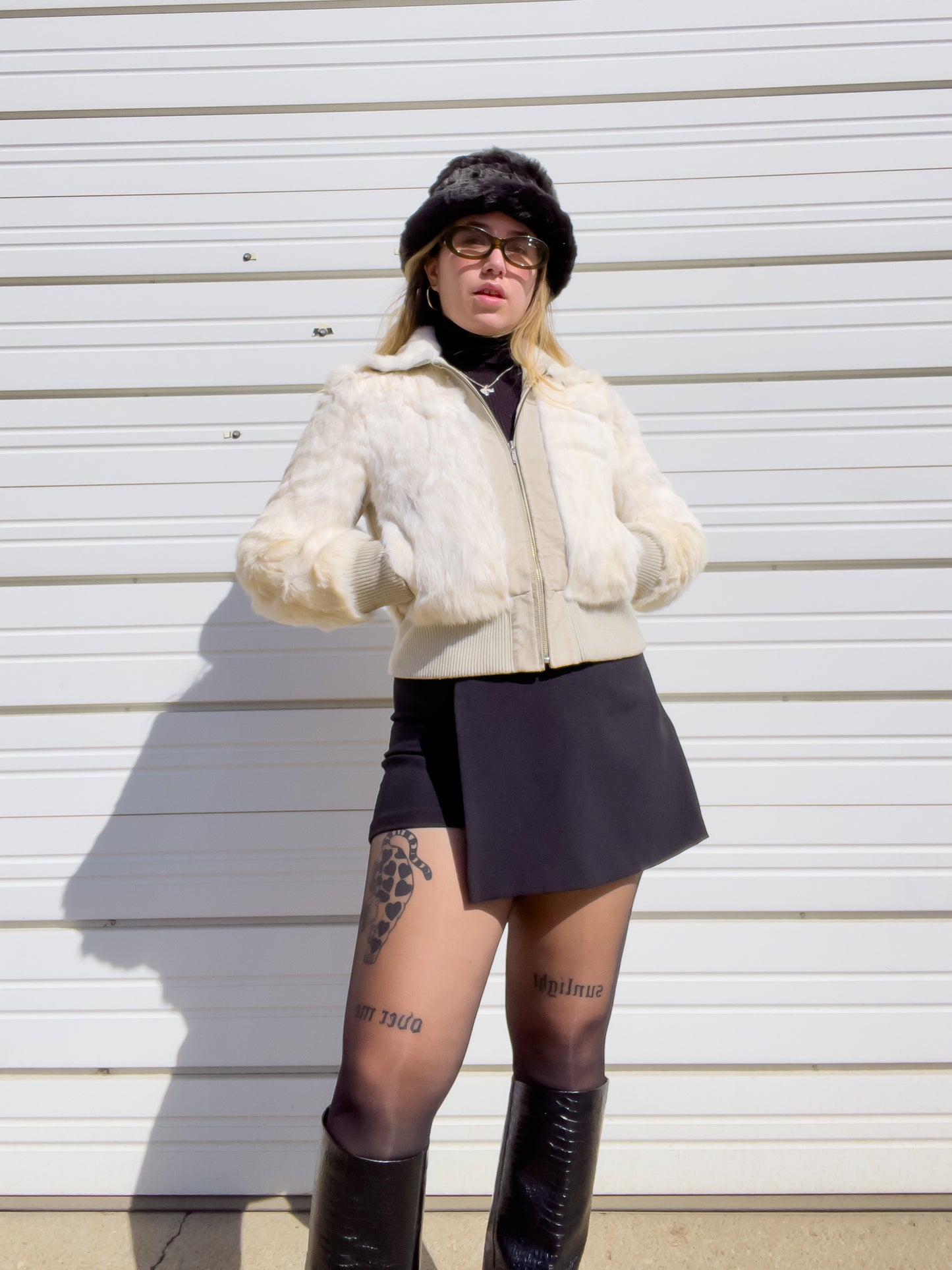 90s White Genuine Suede & Fur Cropped Bomber Jacket (S)