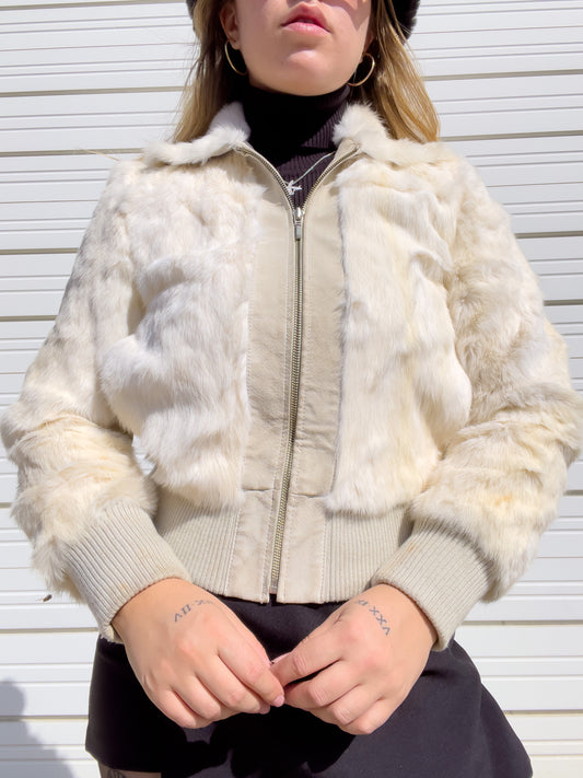 90s White Genuine Suede & Fur Cropped Bomber Jacket (S)