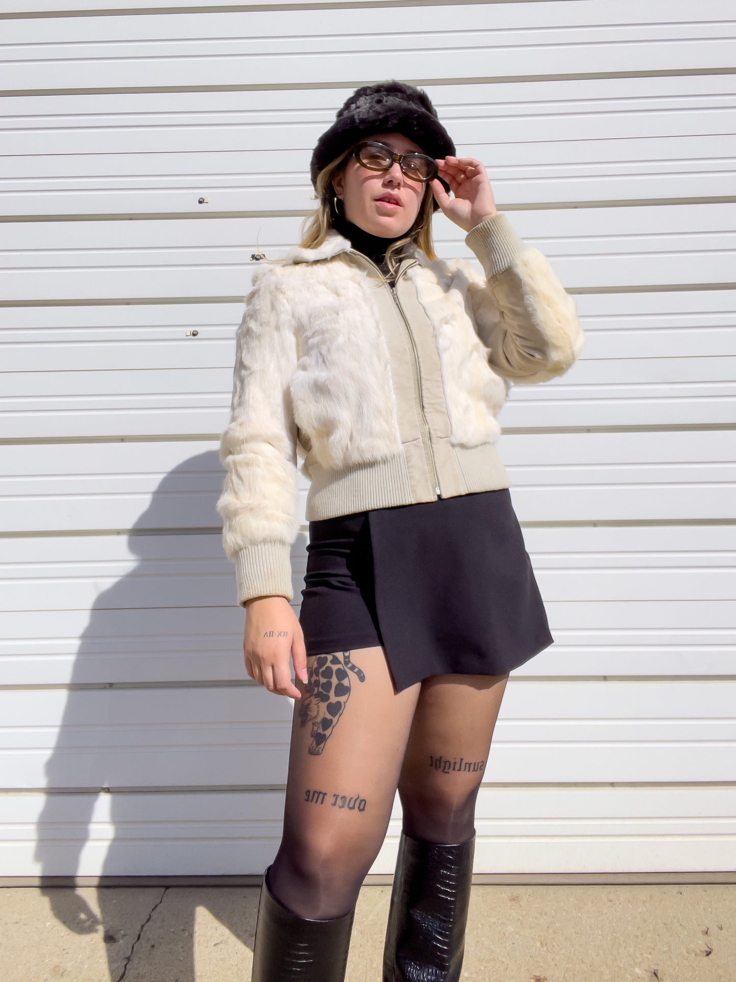 90s White Genuine Suede & Fur Cropped Bomber Jacket (S)