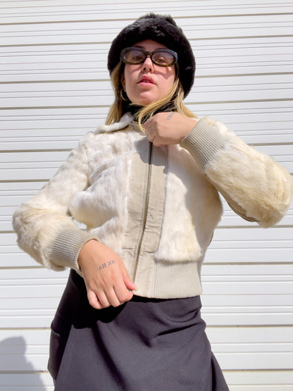 90s White Genuine Suede & Fur Cropped Bomber Jacket (S)