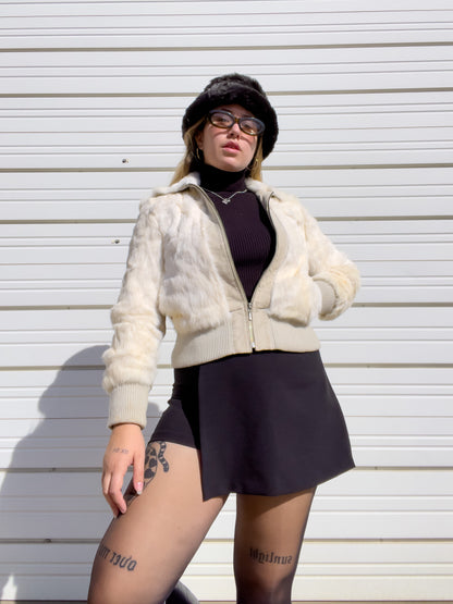 90s White Genuine Suede & Fur Cropped Bomber Jacket (S)