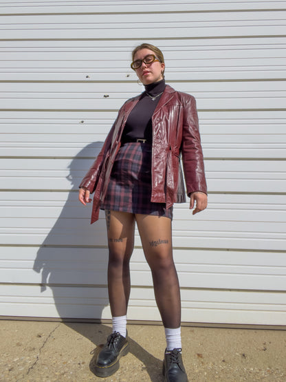 70s Oxblood Genuine Leather Belted Blazer w/ Removable Faux Fur Lining (S/M)