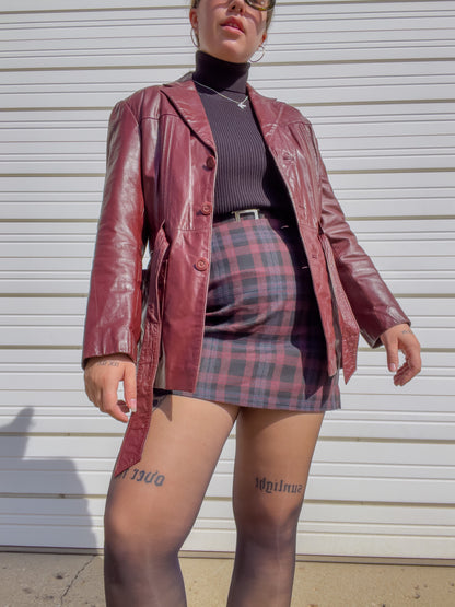 70s Oxblood Genuine Leather Belted Blazer w/ Removable Faux Fur Lining (S/M)