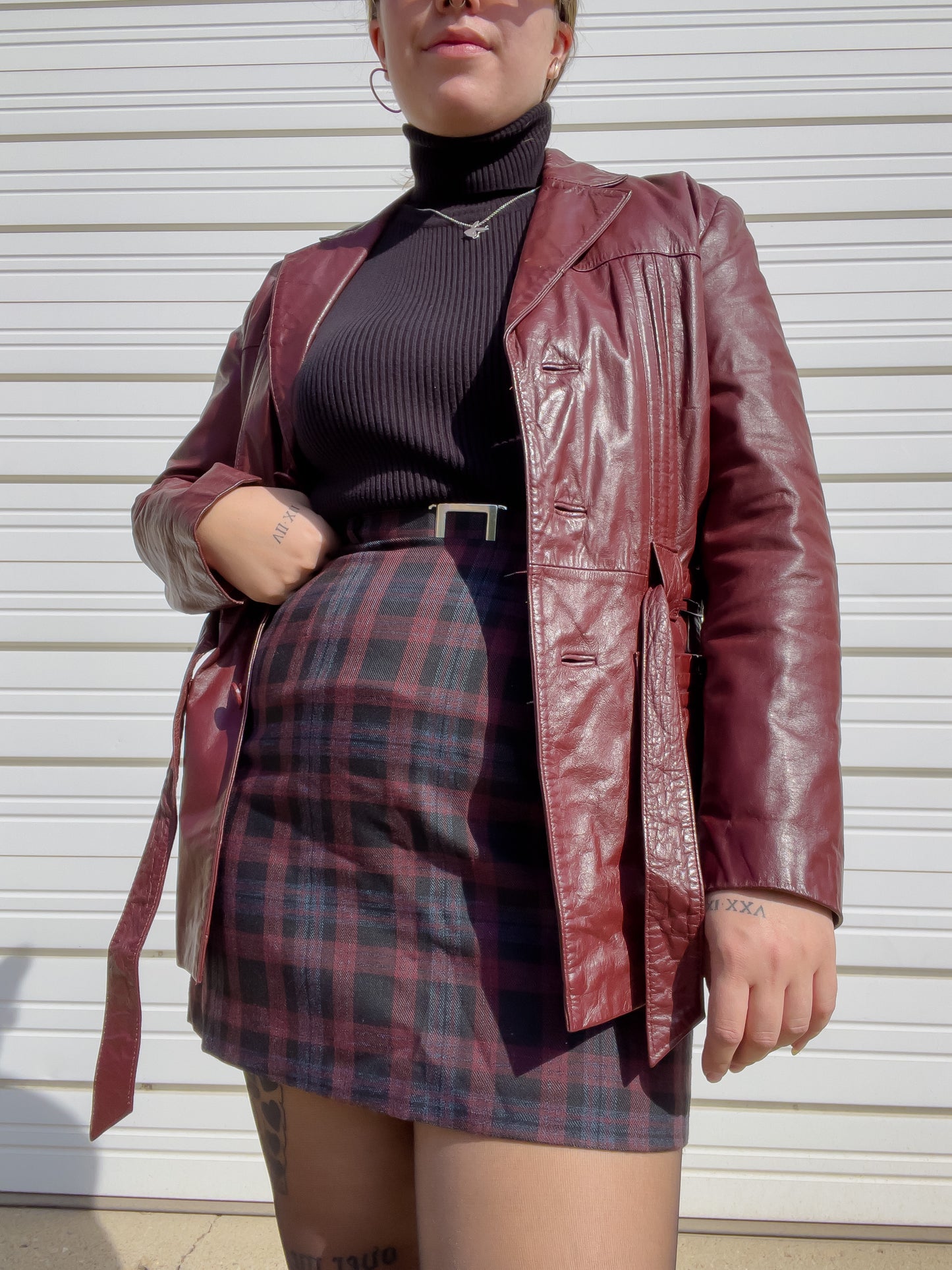 70s Oxblood Genuine Leather Belted Blazer w/ Removable Faux Fur Lining (S/M)