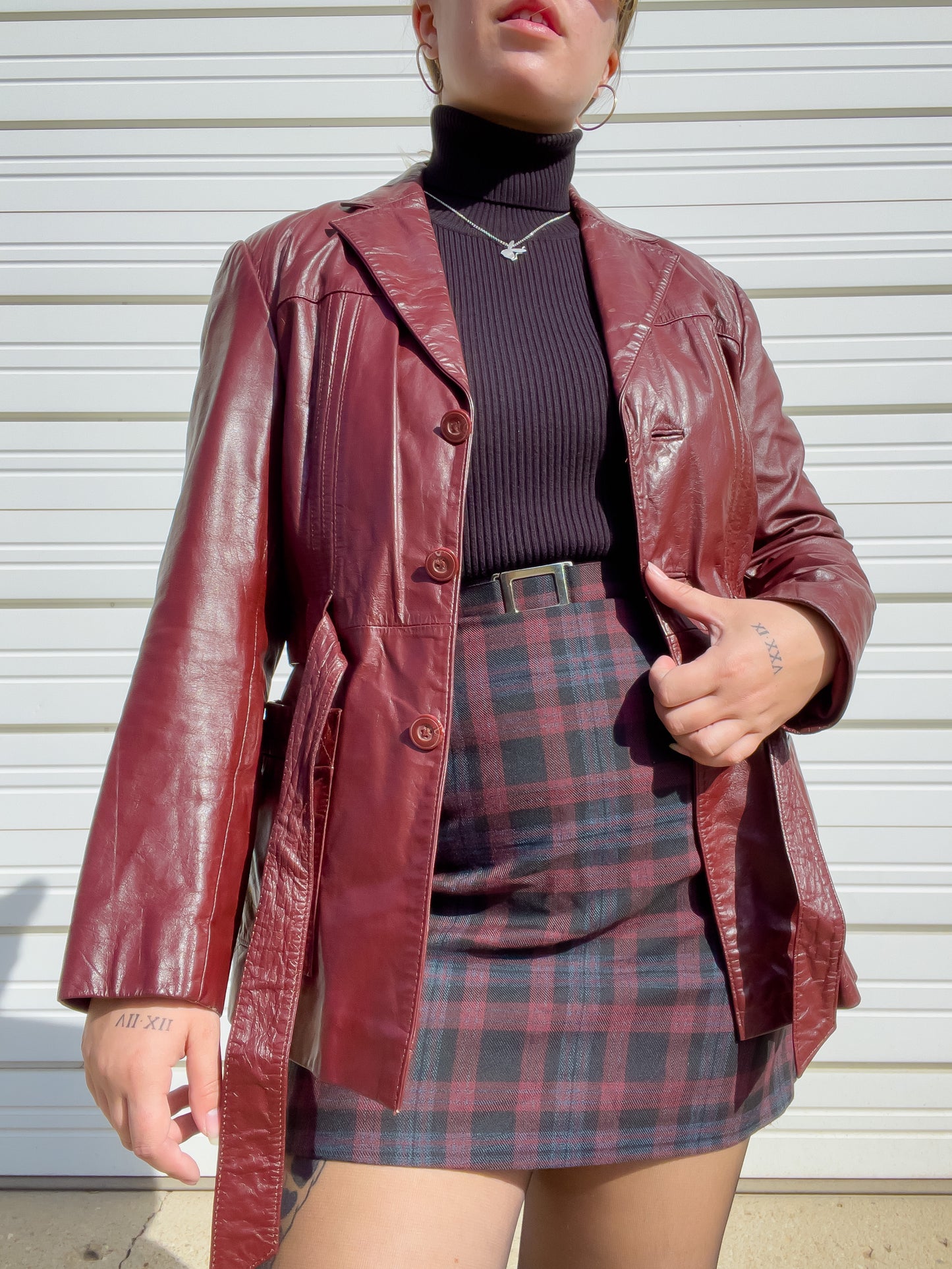 70s Oxblood Genuine Leather Belted Blazer w/ Removable Faux Fur Lining (S/M)