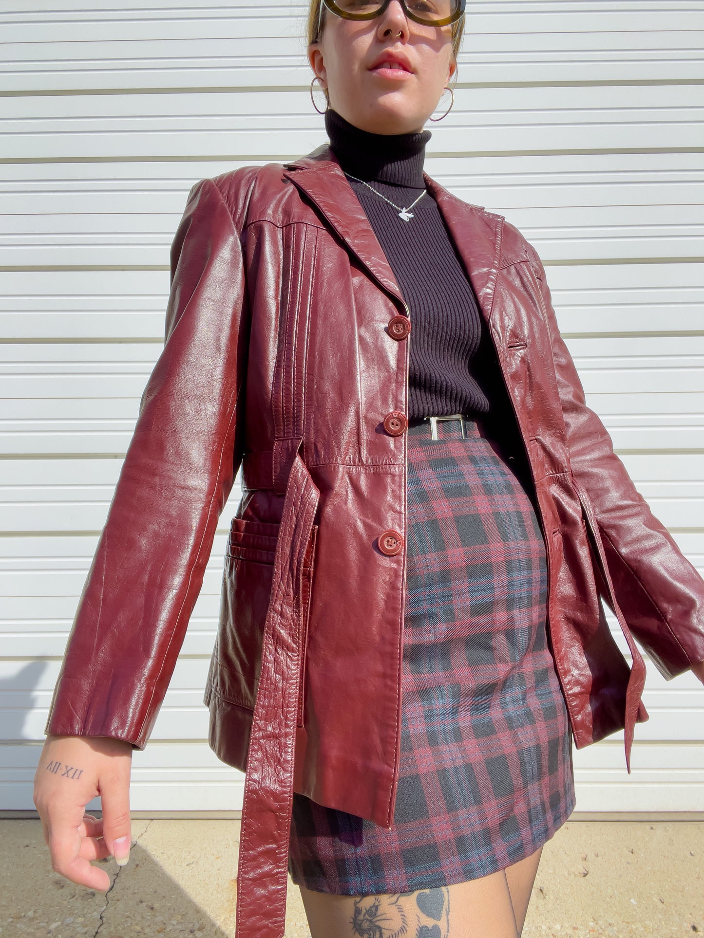 70s Oxblood Genuine Leather Belted Blazer w/ Removable Faux Fur Lining (S/M)