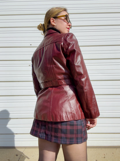 70s Oxblood Genuine Leather Belted Blazer w/ Removable Faux Fur Lining (S/M)