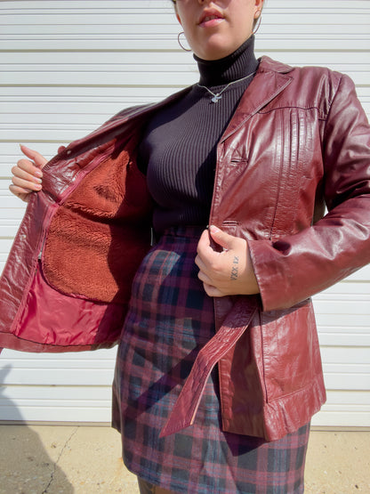 70s Oxblood Genuine Leather Belted Blazer w/ Removable Faux Fur Lining (S/M)