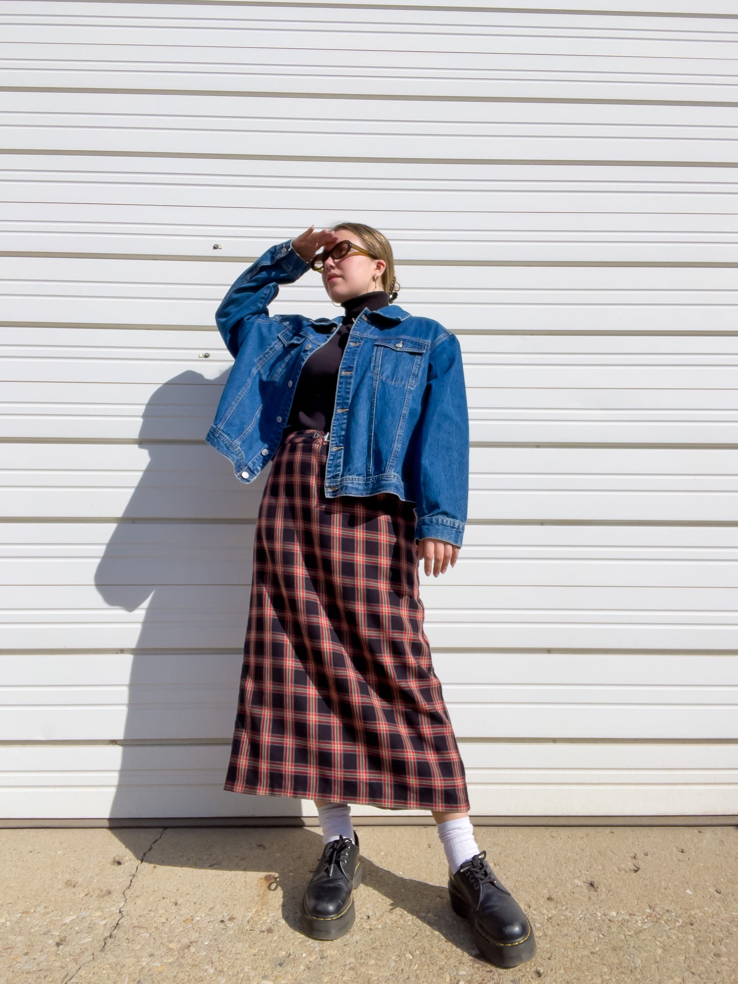 90s Red & Black Plaid Maxi Skirt (L)