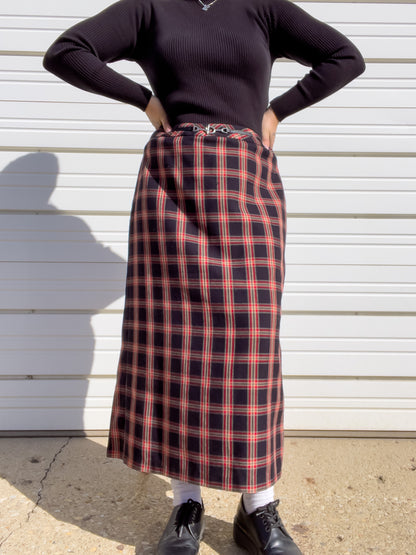 90s Red & Black Plaid Maxi Skirt (L)
