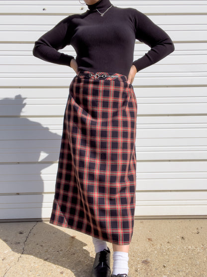 90s Red & Black Plaid Maxi Skirt (L)