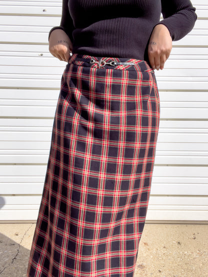 90s Red & Black Plaid Maxi Skirt (L)