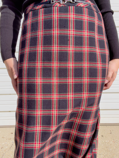 90s Red & Black Plaid Maxi Skirt (L)