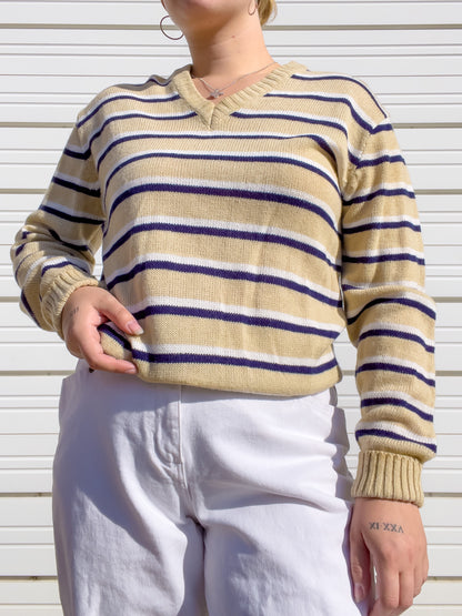 80s Tan, Navy, & White Striped Sweater (M/L)