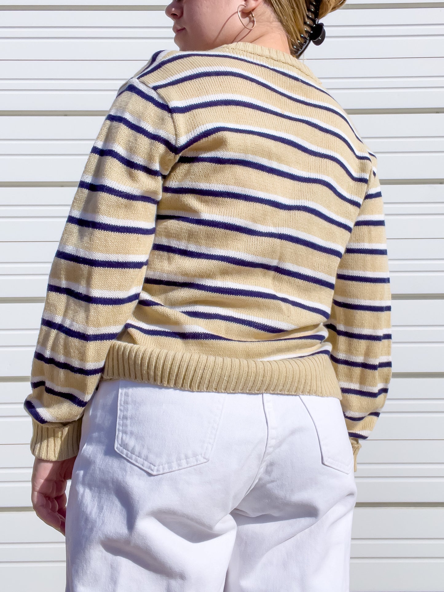80s Tan, Navy, & White Striped Sweater (M/L)
