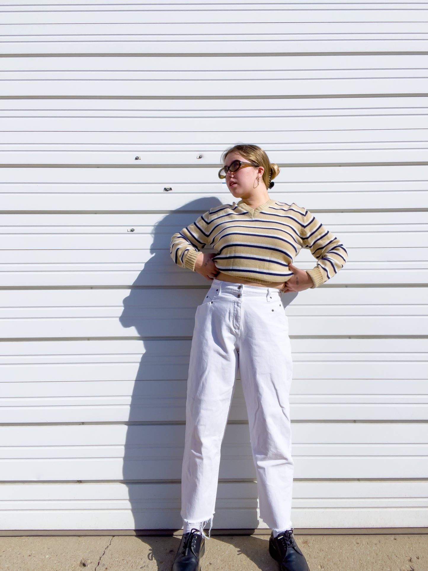80s Tan, Navy, & White Striped Sweater (M/L)