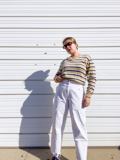 80s Tan, Navy, & White Striped Sweater (M/L)