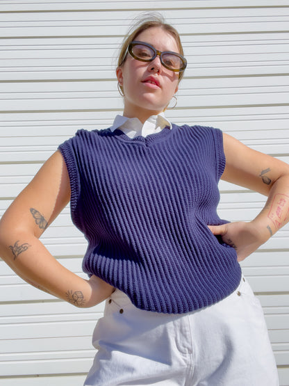 90s Navy Blue Knit Sweater Vest (L/XL)