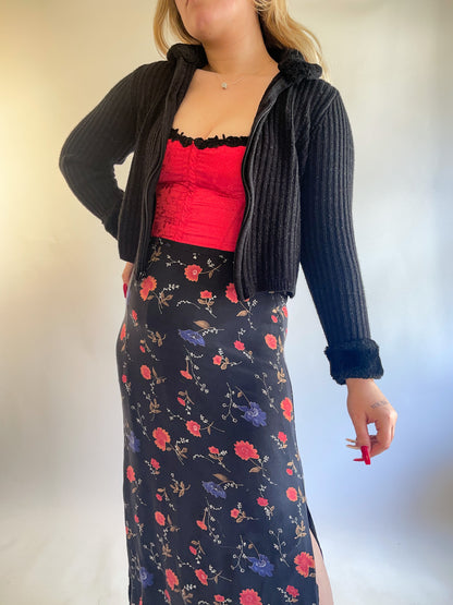 90s Y2K Black Fur Trimmed Cropped Zip Up Cardigan (M)