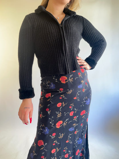90s Y2K Black Fur Trimmed Cropped Zip Up Cardigan (M)
