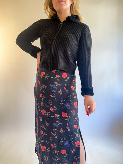 90s Y2K Black Fur Trimmed Cropped Zip Up Cardigan (M)