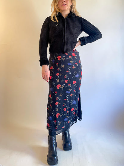 90s Y2K Black Fur Trimmed Cropped Zip Up Cardigan (M)