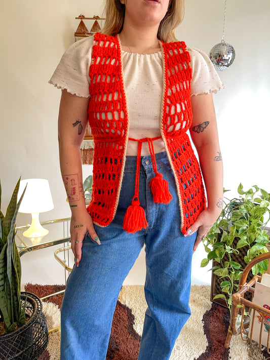 70s Tomato Red Crochet Vest