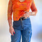 90s Y2K Orange Daisy Mesh Long Sleeve Top (M)
