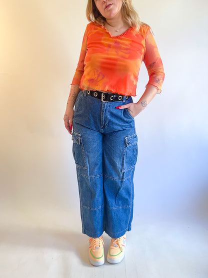 90s Y2K Orange Daisy Mesh Long Sleeve Top (M)