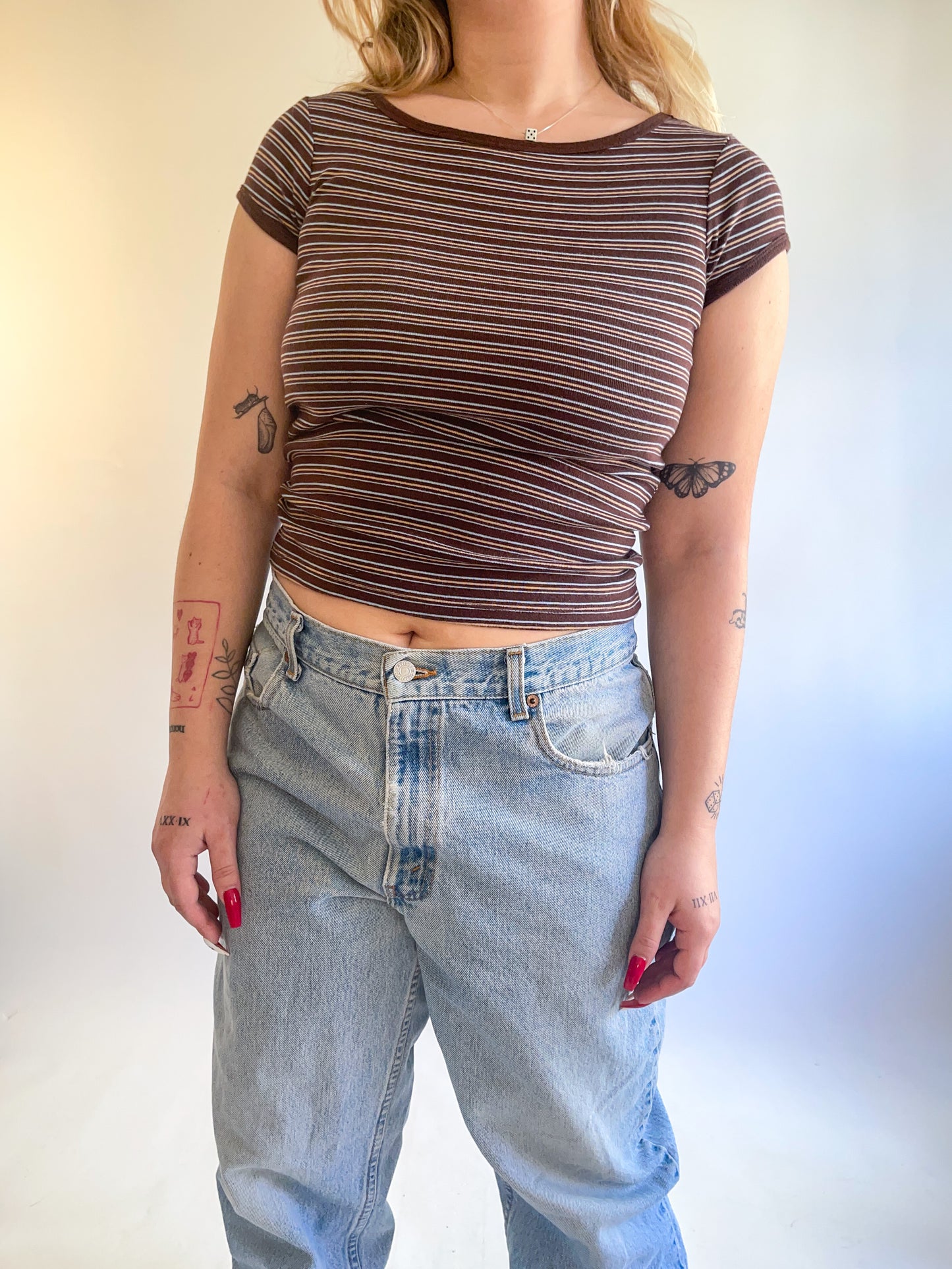 90s Y2K Brown Striped Baby Tee (S)