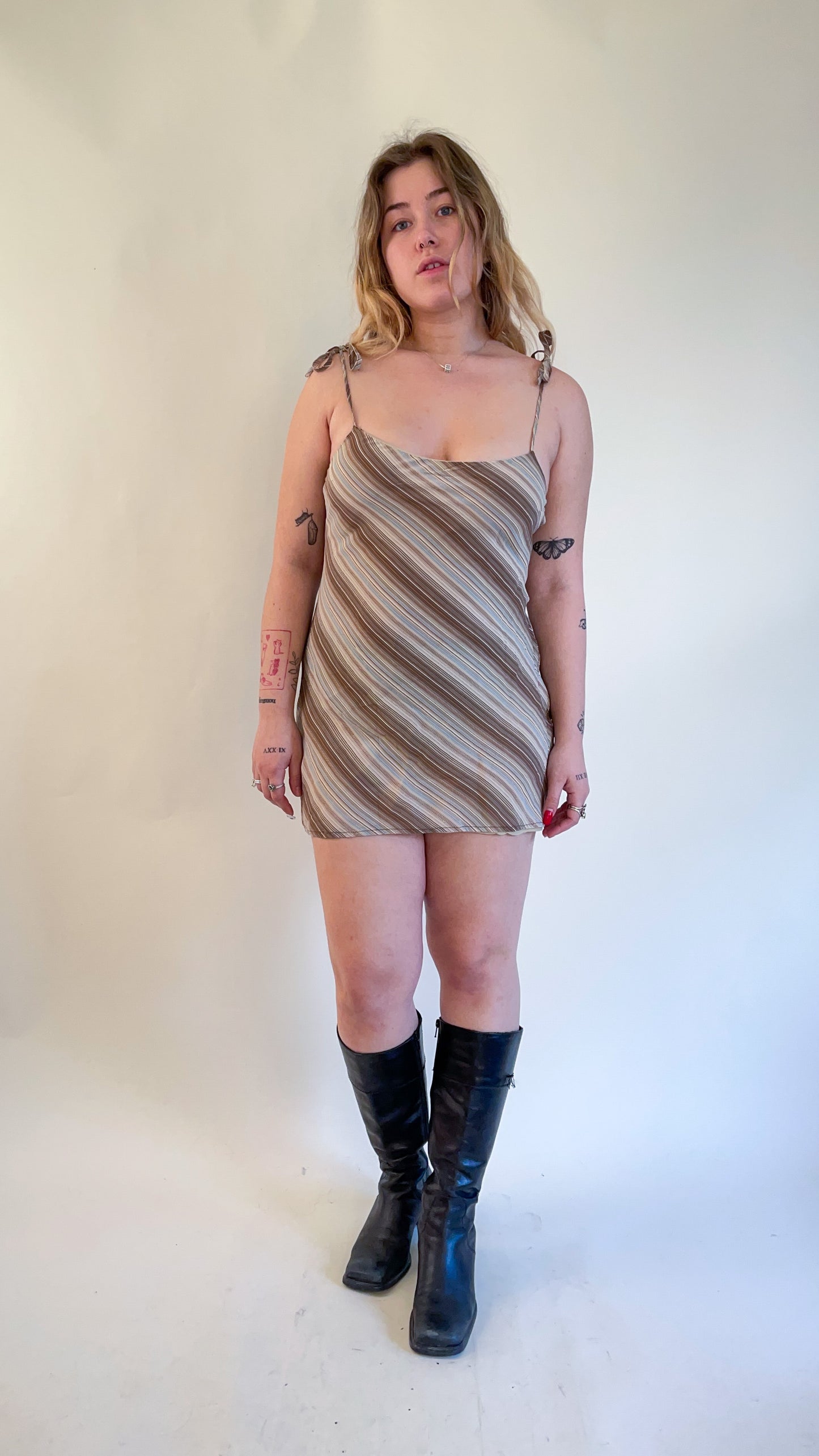 90s Striped Mini Dress w/ Tie Straps (XS/S)