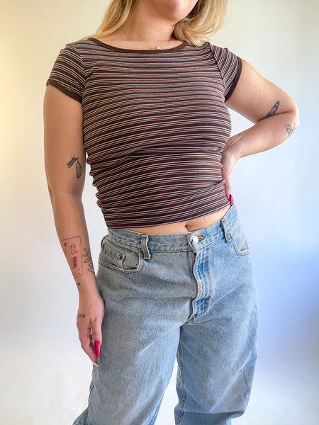 90s Y2K Brown Striped Baby Tee (S)